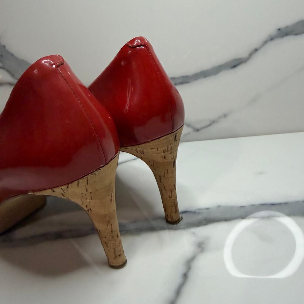 Via Spiga Women's Red Patent Leather Cork Platform Peeptoe Heels Sz 9.5 FLAW - Picture 4 of 8